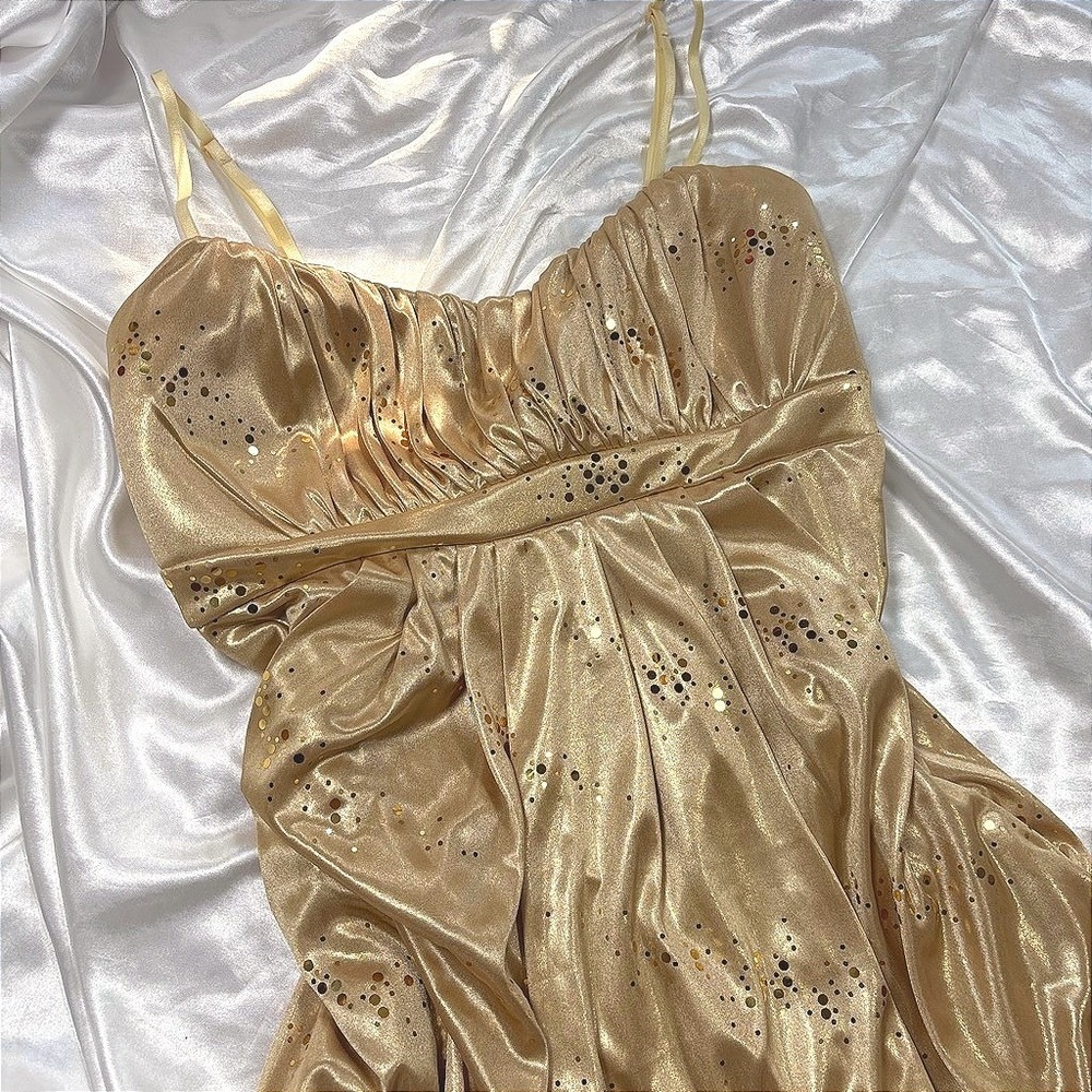 y2k Dress Gold Excellent Ruby Rox Metallic Sequin Draped Bubble Hem Mini Dress M